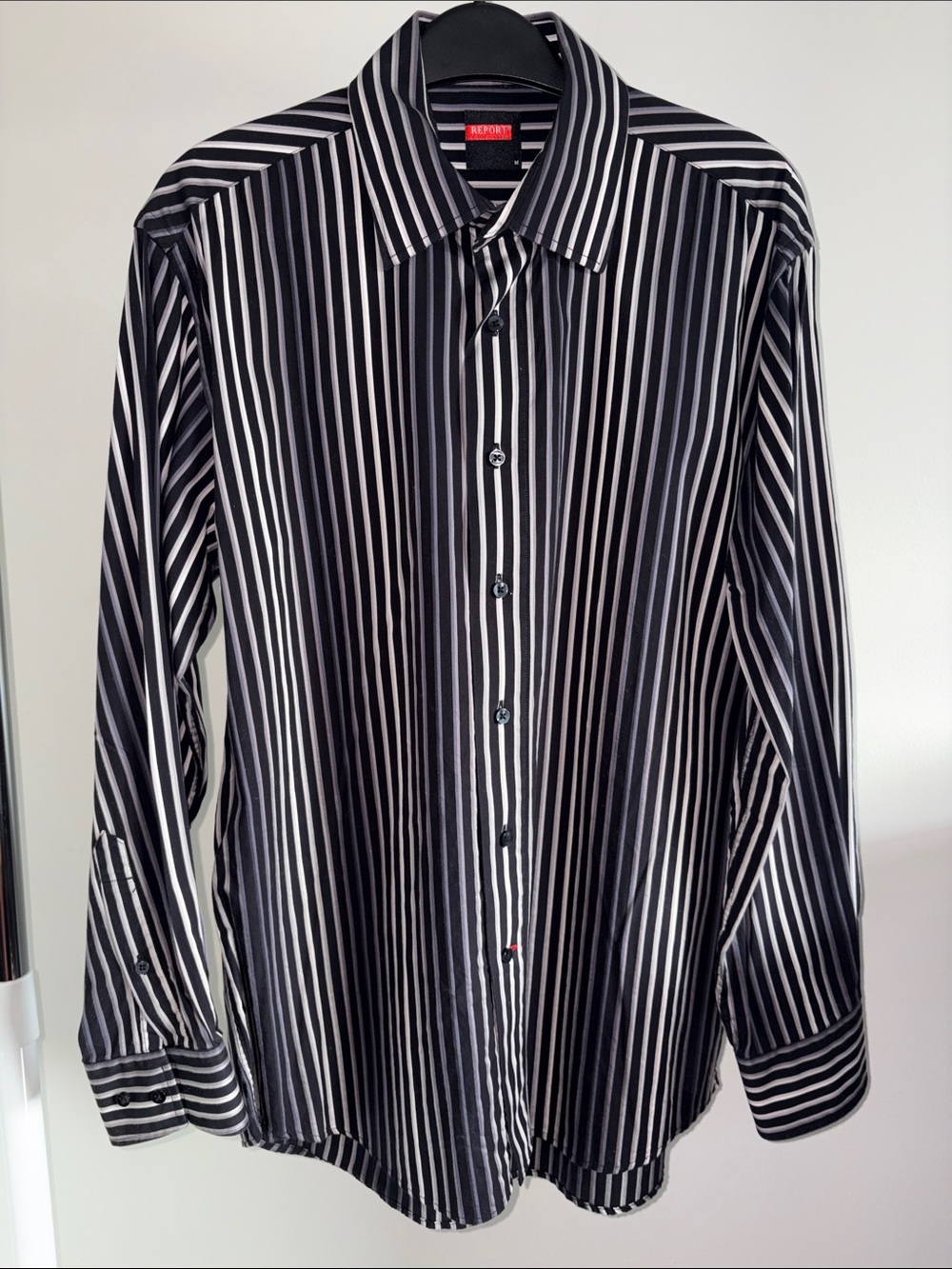 Report Black and White Vertical Stripe Dress Shirt